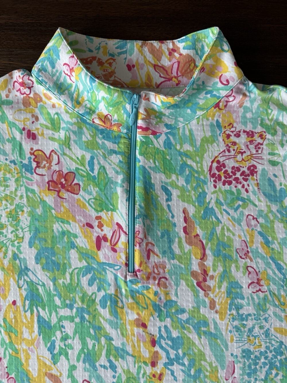IBKUL Zip Long Sleeve Shirt Women’s XL Green Pink Tiger Golf UPF 50+